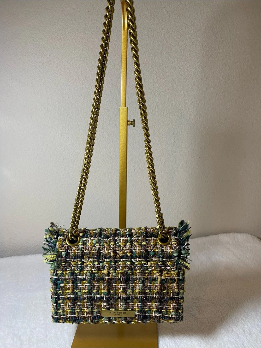 Kurt Geiger London Mini Kensington Tweed Crossbody Bag Green Gold Multi Color